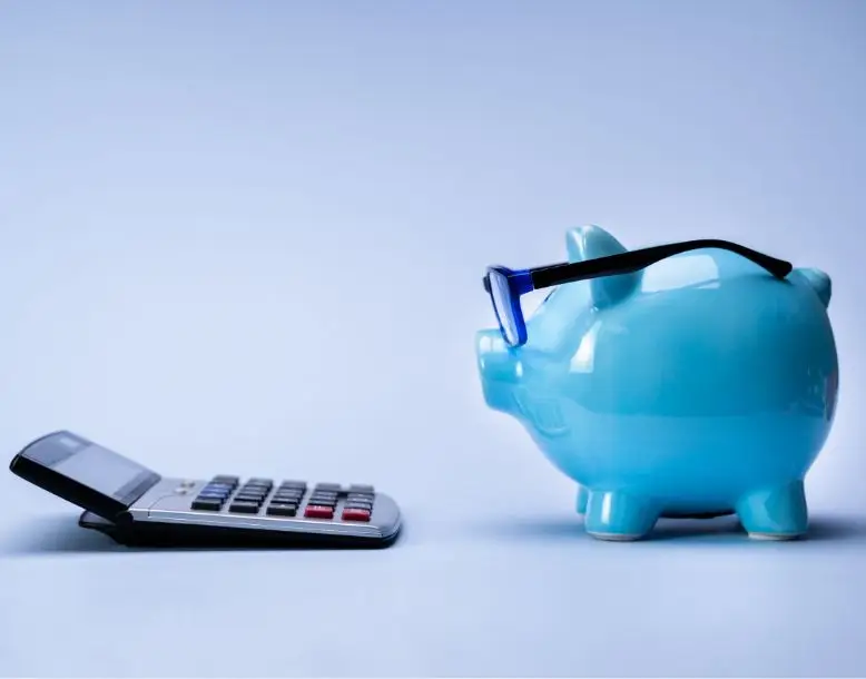 A piggybank wearing glasses looks at a calculator